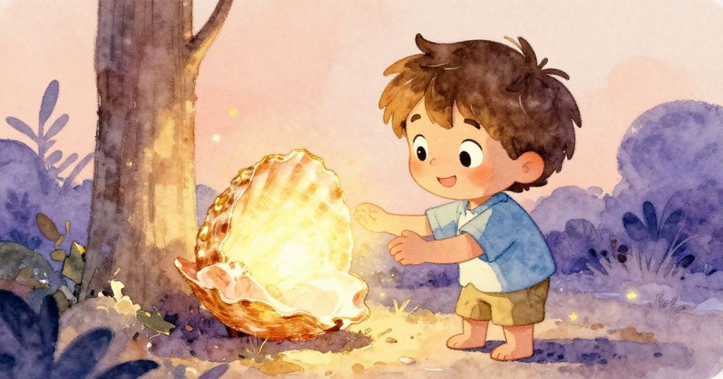 米洛蹲下仔細觀察閃亮金色貝殼，光芒柔和，象徵著神秘發現與探索旅程的起點。