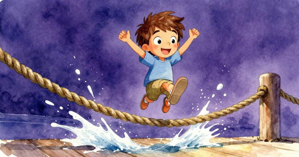 米洛高舉腳步跨越粗繩，水花四濺，勇敢活力展現無畏精神，冒險情節進入高潮。