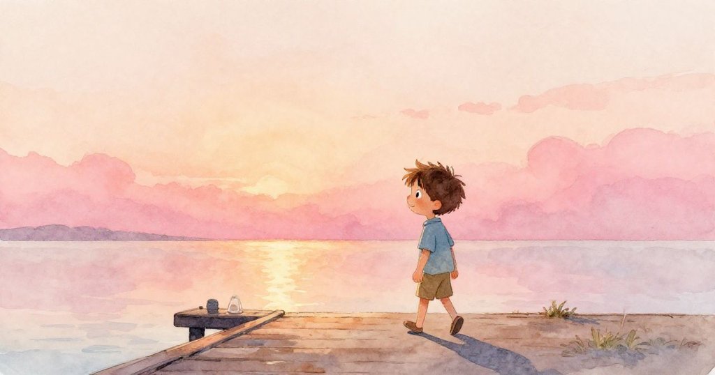 米洛在夕陽餘暉中回返碼頭，環境變換呈現時間推移，心情平靜而充滿思考。