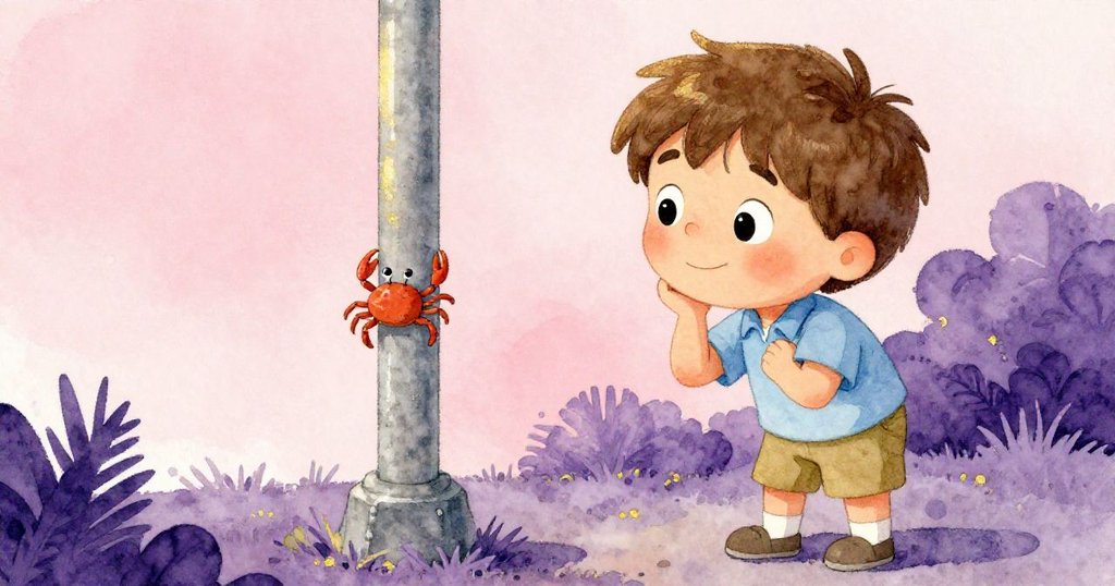 米洛注視著攀爬金屬柱的小螃蟹，臉上流露出深思與猶豫，處於抉擇關鍵時刻。