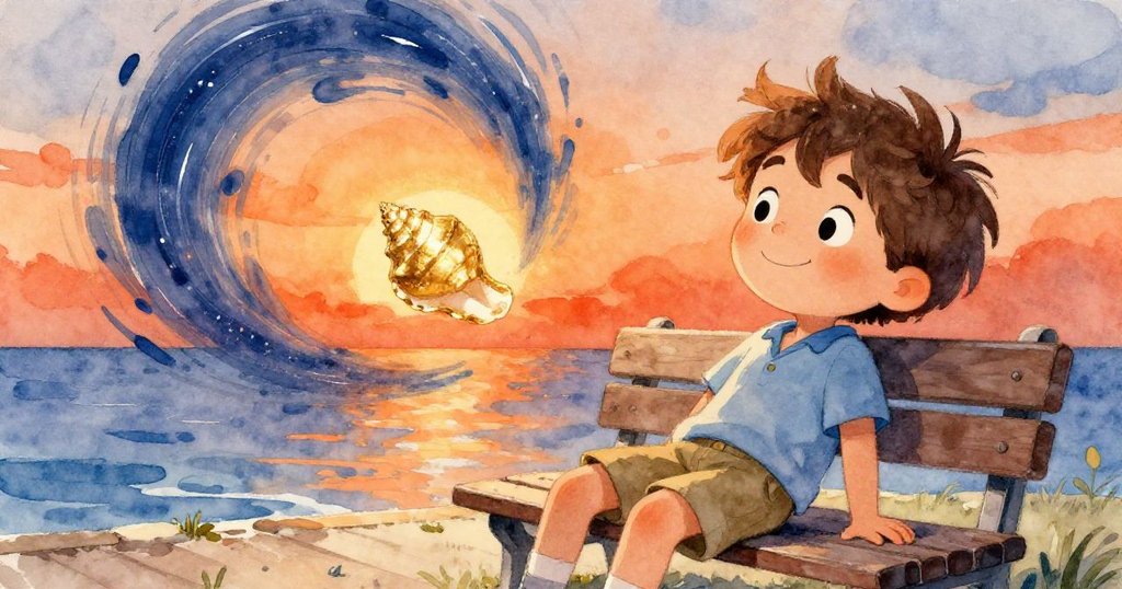 米洛坐在涼爽長椅上，彩漩圍繞金貝，象徵冒險後心靈平靜，寓意豐碩收穫與美好結局。