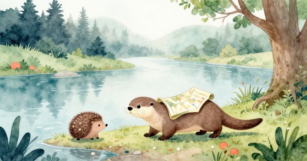 小水獺在柔和晨光下沿著河邊漫步,掛著地圖,遠處小刺蝟被樹根緊緊包裹,充滿期待與關懷。