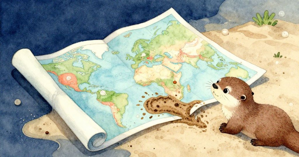 小水獺不慎使地圖掉落於沙上,濕潤泥土留下一道神秘圖案,暗示著未知祕密與探索開始。