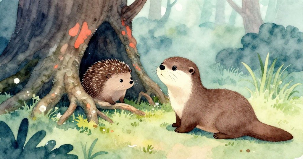 小水獺從背後注視樹根下的小刺蝟,眼中流露同情與決心,樹影細緻,自然氣息濃厚。