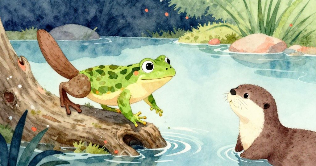 小青蛙靈巧跳到樹根上引發輕微下沉,小水獺注視變化,戶外充滿活力與神秘氣息。