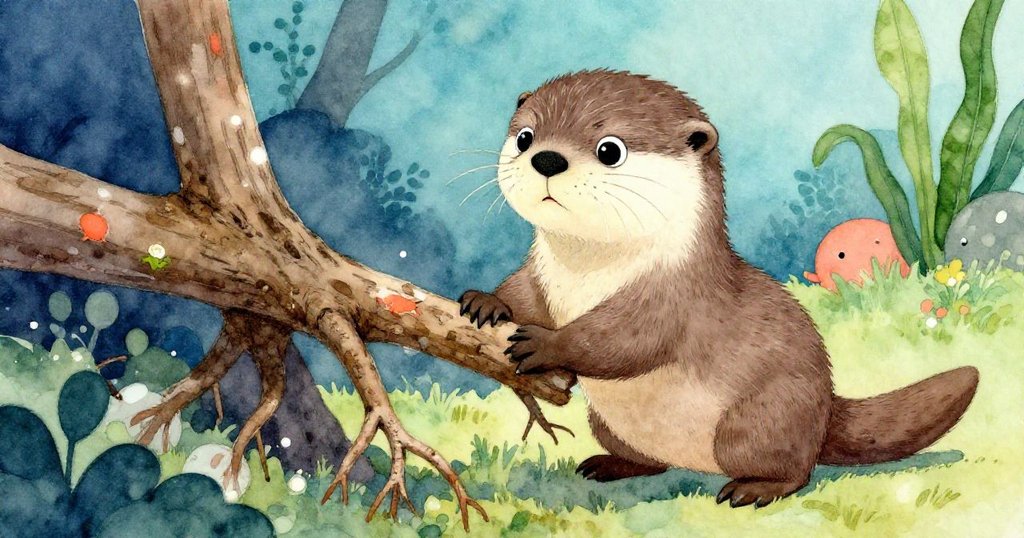 小水獺雙爪用力拉扯樹根,臉上既焦慮又堅定,隱隱裂聲中展現出充滿決心的情緒。