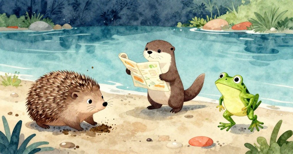 小刺蝟甩土站起,小水獺舉起地圖,小青蛙歡快跳躍,濕潤沙灘上充滿溫暖和喜悅。