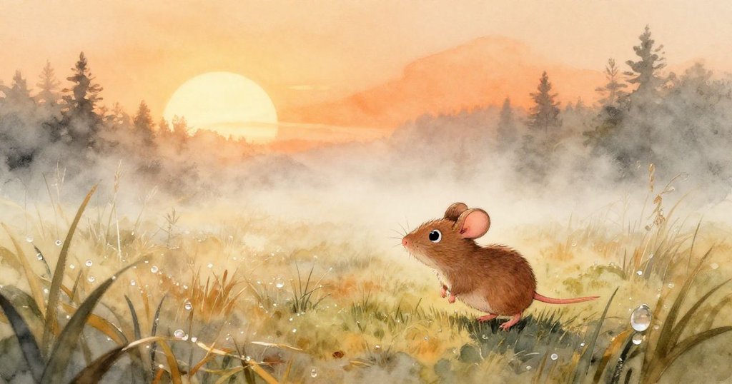 小鼠在晨霧中輕快行走於草地，溫暖陽光灑落，環境清新，表情充滿期待與好奇。