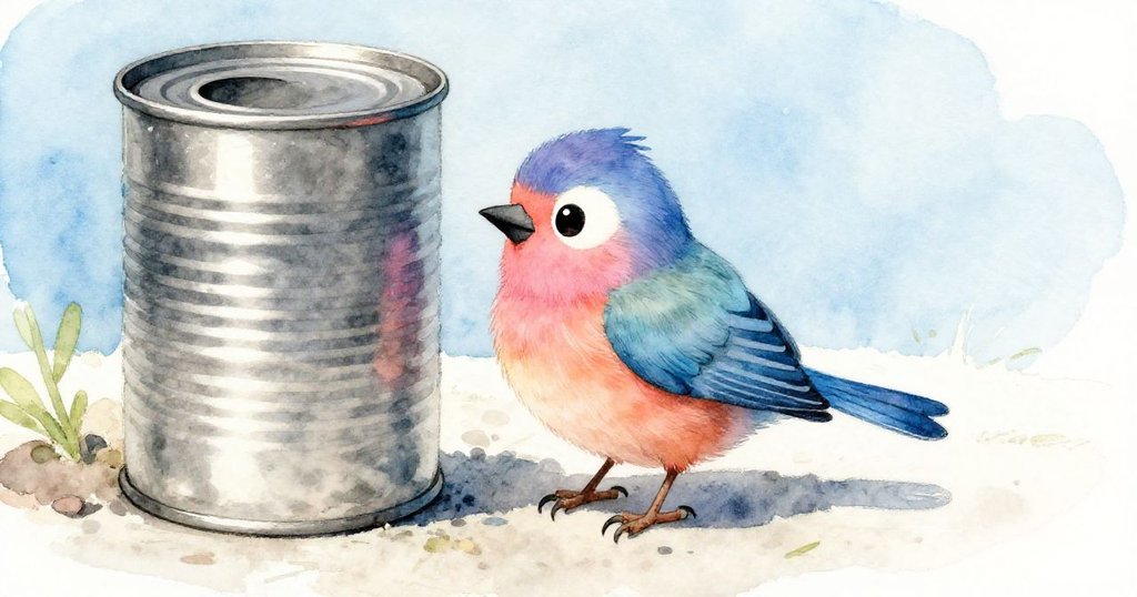小鳥靠近沉重鐵罐，翅膀被卡住急拍鳴叫，環境溫暖明亮，現場局促而充滿緊張氛圍。