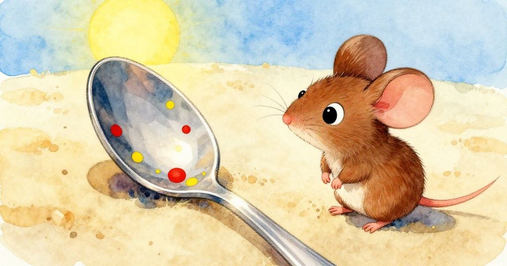 小鼠從背後視角注視閃亮銀湯匙，湯匙上紅黃點綴顯得生動，背景沙灘與藍天映襯，意含救助希望。