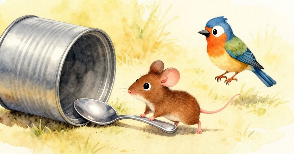 小鼠勇敢用湯匙操作救援，鳥兒驚慌後退，鐵罐旁展開動情拯救情節，戶外光影溫暖而生動。