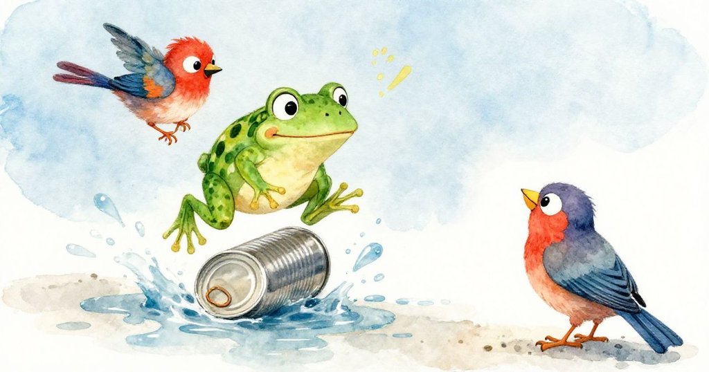 青蛙活躍跳上鐵罐蓋，水流激盪，鳥兒眼中重現希望，戶外場景動感十足，轉機瞬間充滿戲劇張力。