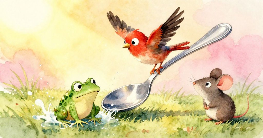 鳥兒展翼歡躍、青蛙在草間戲水，小鼠安心望著銀湯匙與轉變局面，全景告別充滿溫馨與希望。