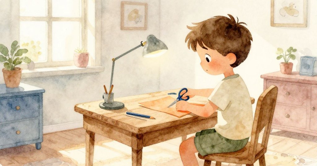 男孩Ben坐在溫馨明亮的房間辦公桌旁，以剪影呈現，充滿期待與創意情緒，開始一段藝術旅程。