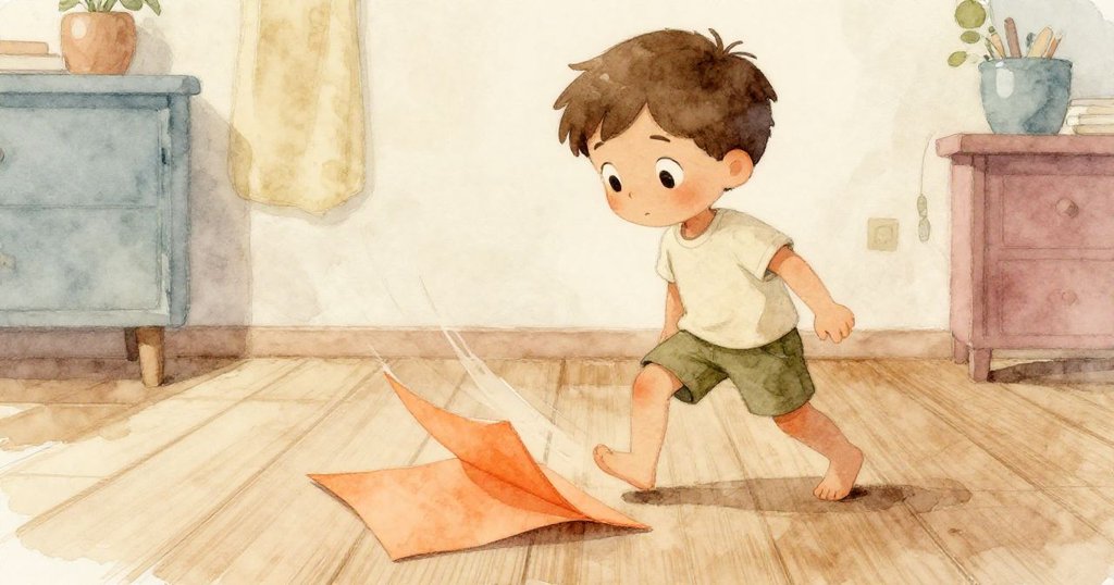 Ben在明亮房間中踏步前行，向桌上的橙色紙張點頭致意，展現決心與活力。