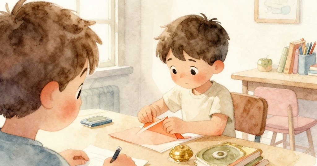 從Ben的背後看見他專注摺紙，手部細緻動作展現創造過程，充滿溫馨工坊般的氛圍。