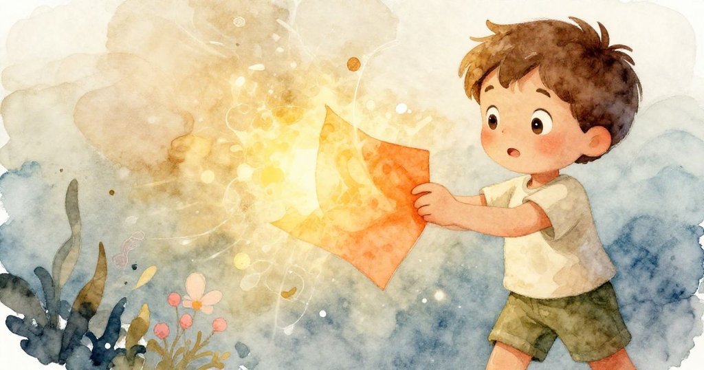 Ben輕輕翻轉紙張，隱藏的亮黃色面如魔法般透出光芒，宛若透過水幕般溫柔流光。