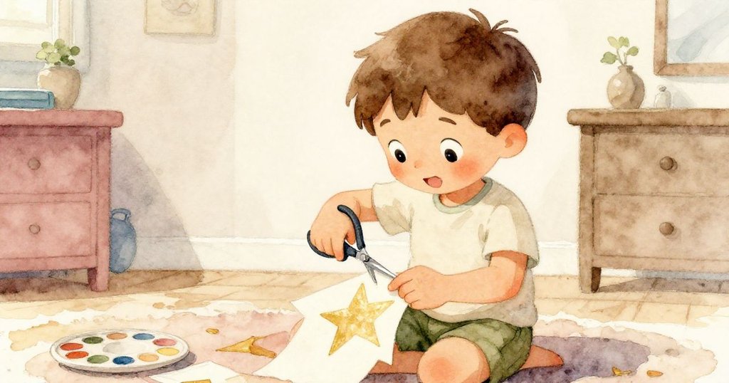 Ben專注使用剪刀精修紙星，每個細節都充滿創作樂趣與細膩情感，室內暖光映襯成品光暈。