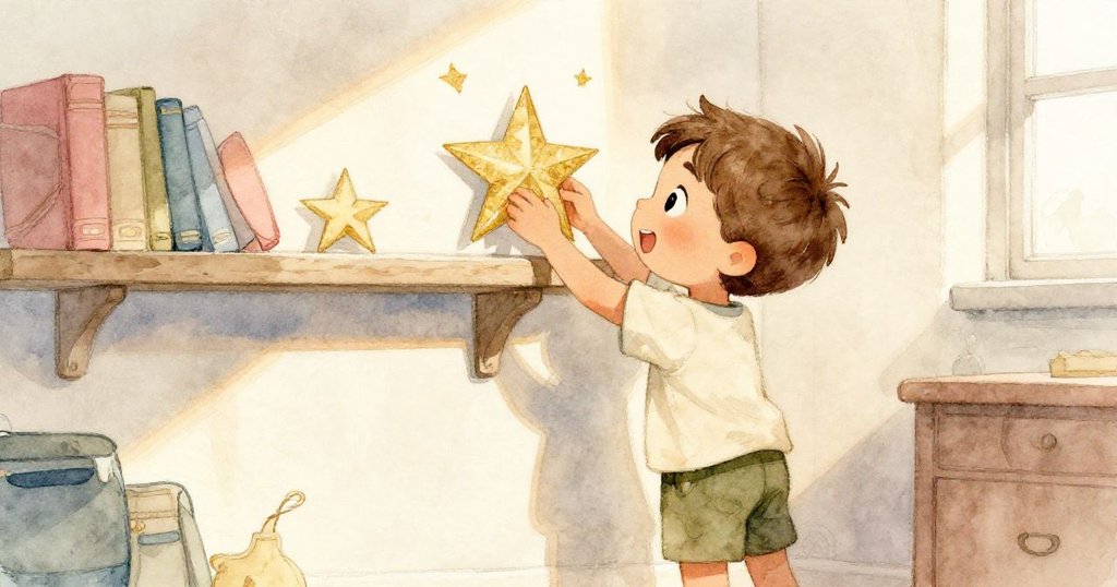 Ben滿懷喜悅地將紙星放在明亮的書架上，橙黃光芒散發希望，室內充滿溫暖與未來創意氣息。