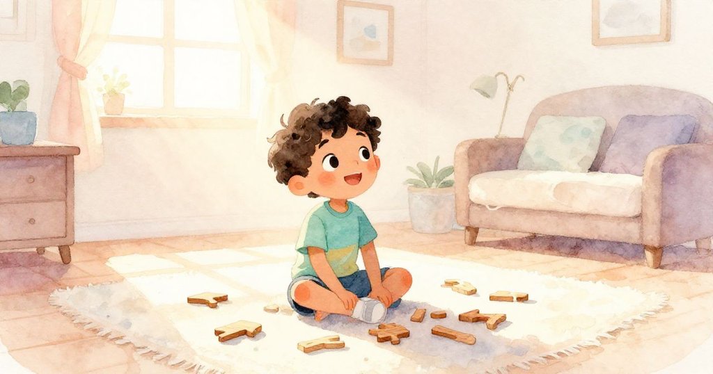 米洛坐在明亮的房間內，地板散落木塊，晨光映照下充滿期待起步創作，溫馨家居氣氛。