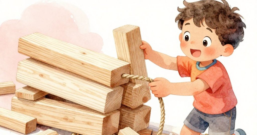 米洛專注地用繩子綁住木材，雙手靈巧操作，細節豐富呈現溫馨居家創作場景。