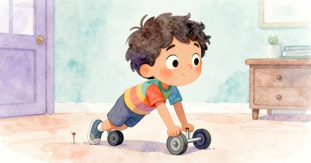 米洛從低角度推動小輪子上釘，臉上展現自信專注，溫暖光影襯托家庭創作情境。