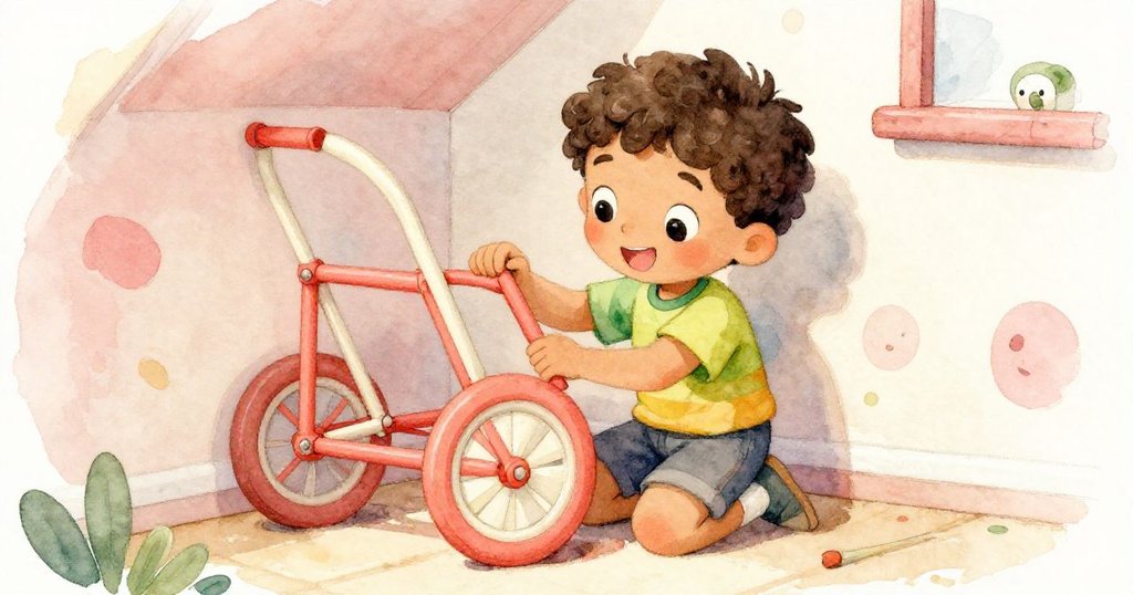 米洛蹲在隱蔽的一角，仔細調整車架細節，溫暖柔光中展現專注與創意的家庭工作空間。