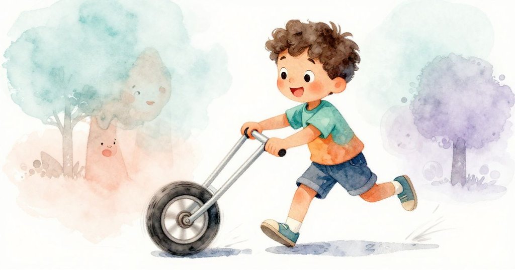 米洛輕敲車架，車輪自由旋轉飛舞，充滿活力與喜悅，光影柔美呈現家庭創作動感時刻。