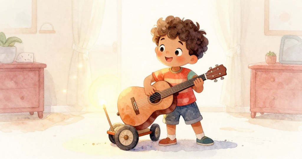 米洛滿懷喜悅將小吉他放上完成車子，柔光映襯出成就與溫馨居家創作結局。