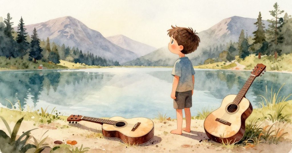 小男孩站在寧靜山湖邊,觀望前方與破裂吉他、金色沙灘,背景有溫暖山景,開端故事。