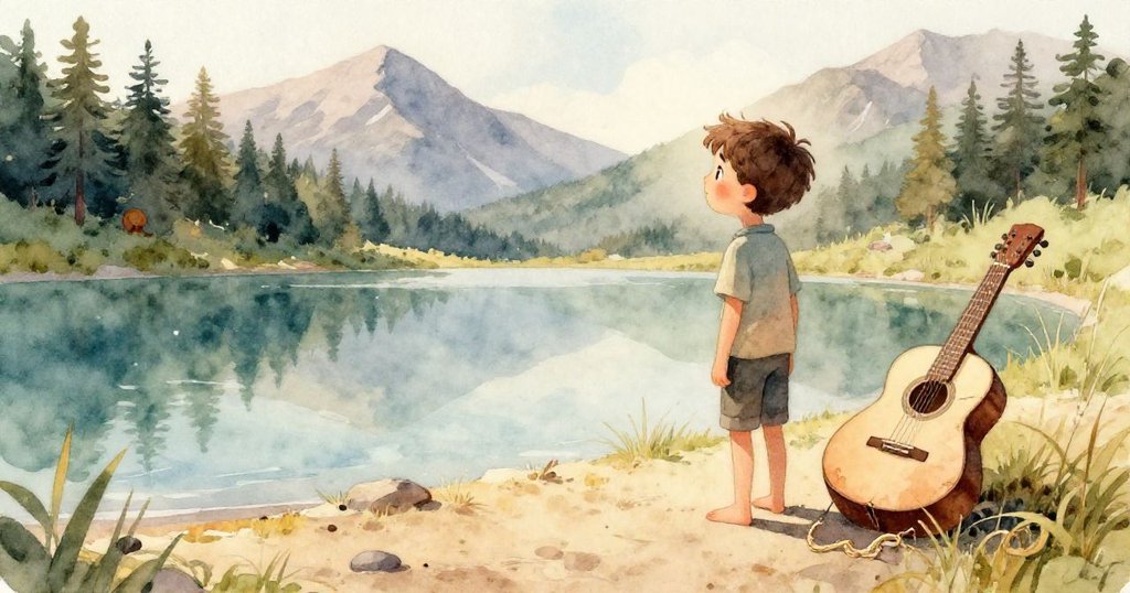 小男孩腳踏金色沙灘,鞋子稍沾塵土,溫柔接近破裂吉他,故事發展展現動作與細節。