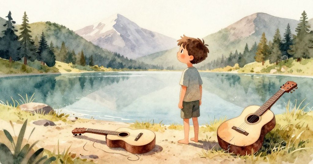 小男孩因烈日光芒轉頭低眯眼睛,湖面微波閃耀光芒,情節轉折顯動態與情感。