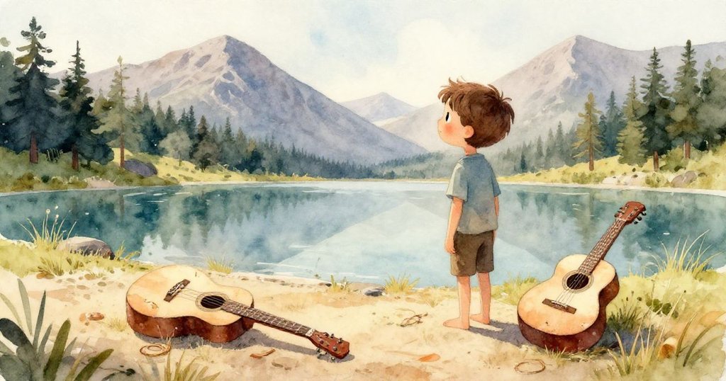 小男孩望向聚集烏雲的山湖,湖面起波微風帶來變化,小鴨掠過銀線,情節進入懸念氛圍。