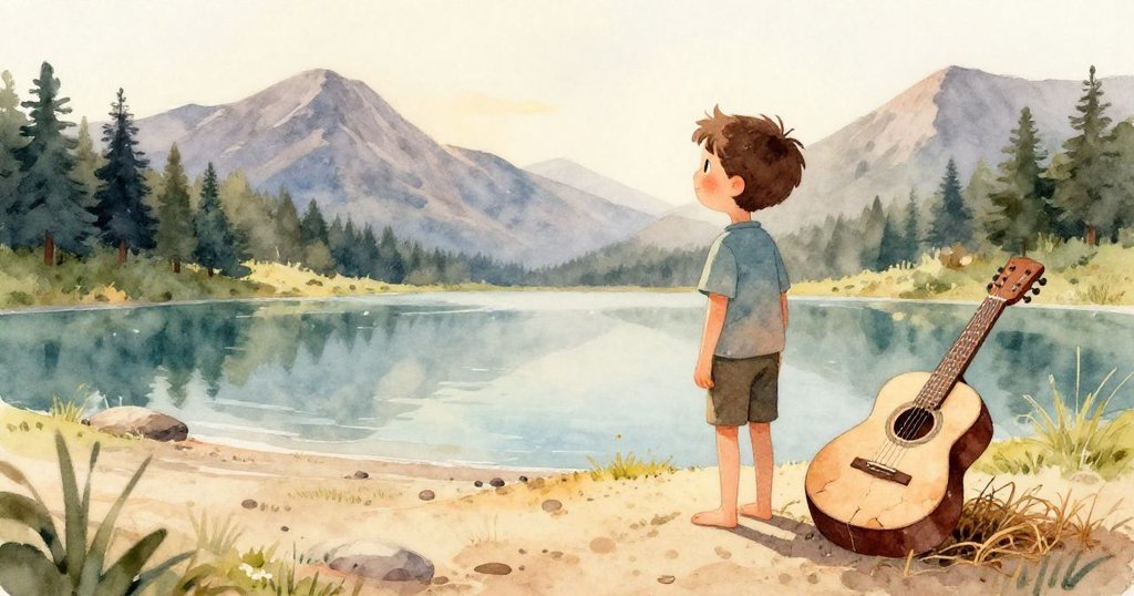 小男孩在細雨與殘光中的湖畔靜立沉思,雨滴輕拂湖面閃現溫柔光芒,故事結局呈現自然詩意。