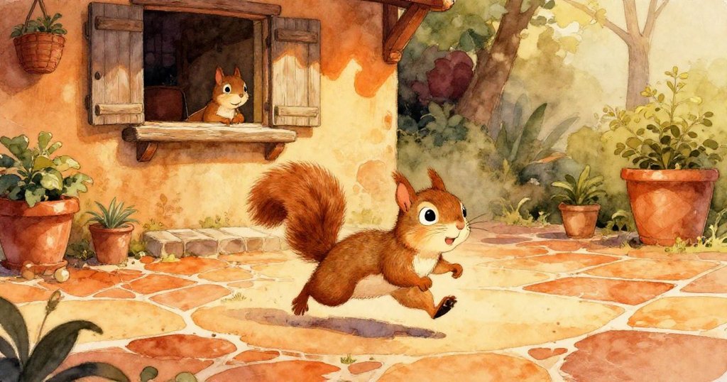 皮普快樂地沿著溫暖的瓷磚院子奔跑，背景是開放的窗戶與鄉村風格建築，陽光灑下，充滿活力。