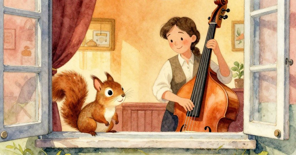 皮普從窗外探頭，注視著室內溫柔的音樂老師彈奏著低沉大提琴，窗邊洋溢著溫暖柔和的陽光。