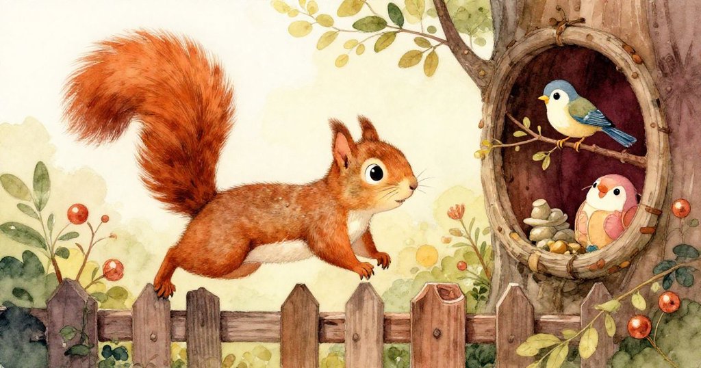 皮普在高籬笆上的小縫中探出頭來，發現一隻小鳥安靜棲息於纏繞細枝中，場景充滿奇趣與溫暖光影。