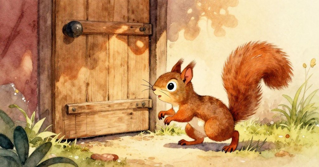 皮普跳到柔軟地面前，靠近一扇刻有奇特結痕的木門，鬍鬚微動，流露出頑皮好奇的神情。