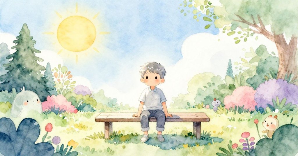 Eli坐在長椅上，剪影映襯暖陽與藍天，花園靜謐展現故事開端和寧靜氛圍