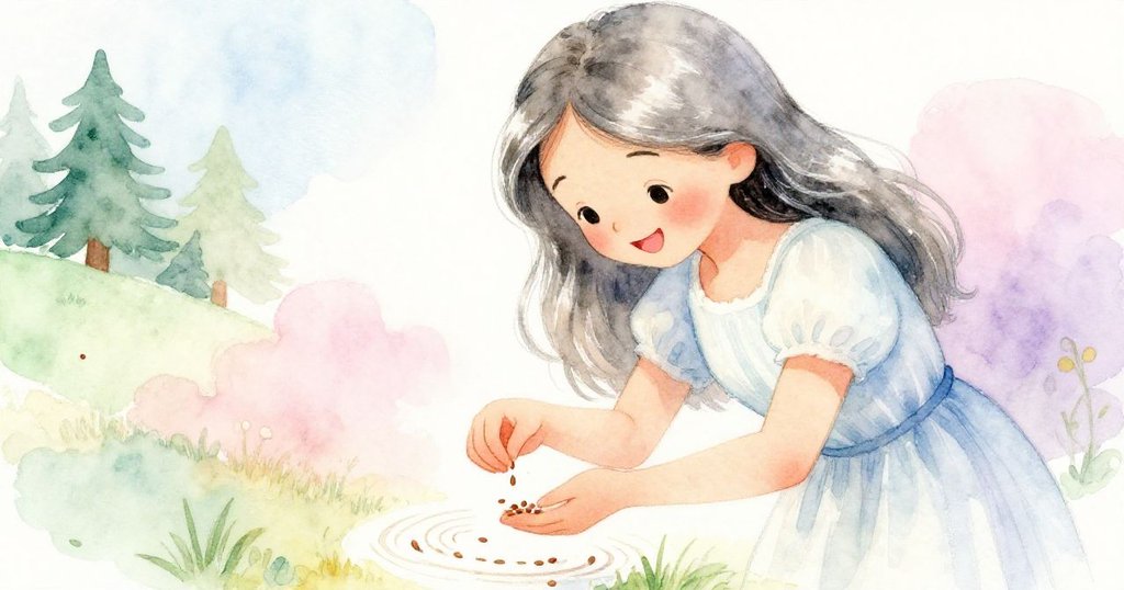 女士彎腰播種，面露笑容，手持小袋撒播棕色種子，花園中展現希望與溫暖情感