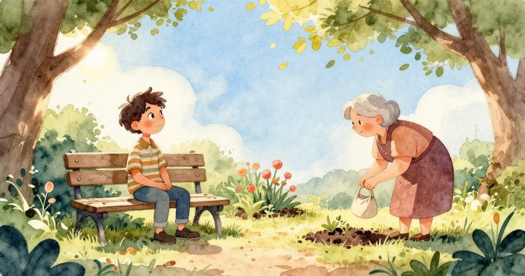 紅色小鳥優雅降落於花園邊，歪斜構圖中細膩啄食沙粒，展現自然動感與詩意變化