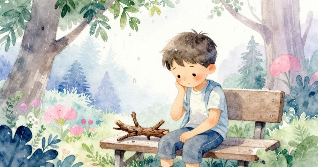 Eli在微雨中凝望落在長椅邊的枯枝，隱秘庭院般場景展現出轉涼時刻的靜謐驚喜