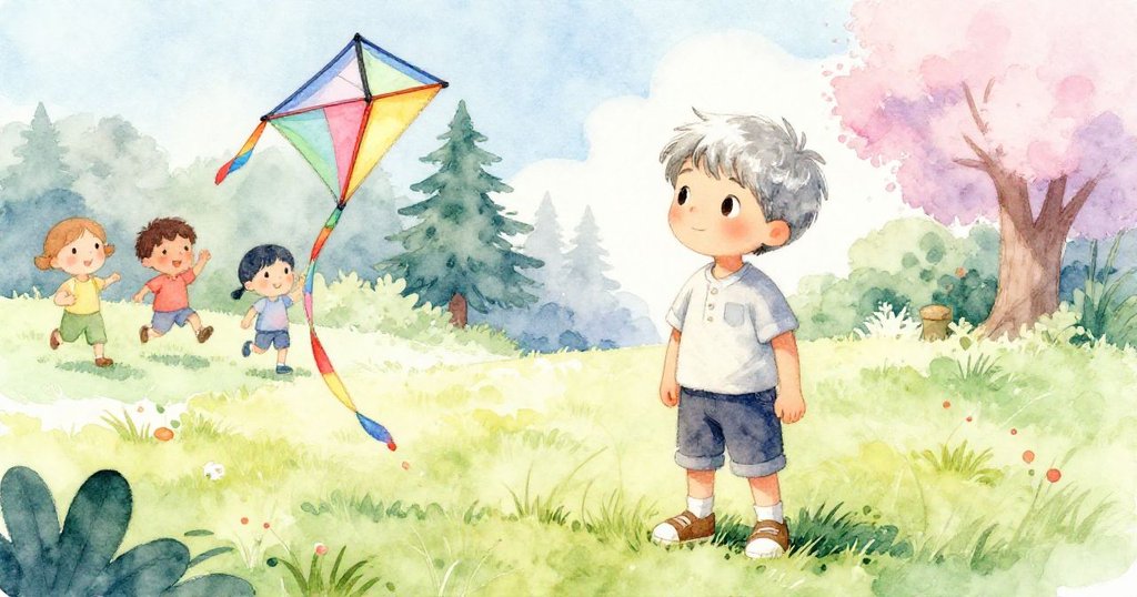 Eli發現飄揚的風箏尾，眼中充滿好奇驚嘆，草地與背景童趣交織展現自然美好變化