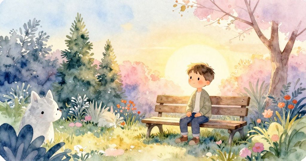 夕陽下Eli靜坐長椅，金色光影灑滿花園，寧靜場景展現溫馨一天的完美結尾