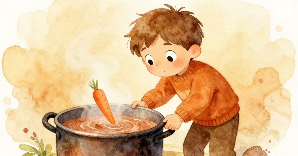 米洛好奇地俯身觀看蒸汽冒出的鍋子，鍋中棕湯浮著一根胡蘿蔔，展現童趣與溫暖光影。