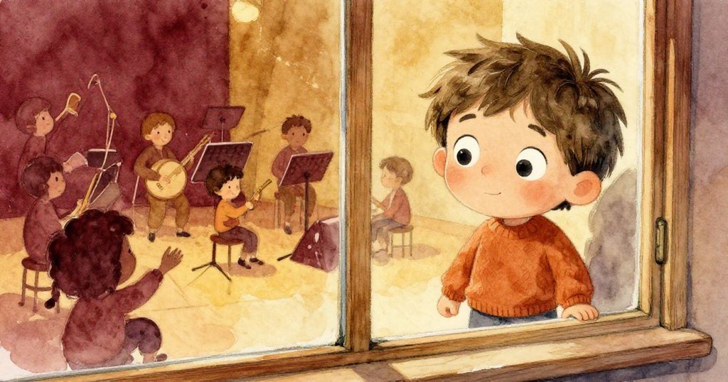 米洛在木窗前彎身，透過反光玻璃看見歡樂樂隊演奏，臉上滿是驚喜與溫暖，展現童真情懷。