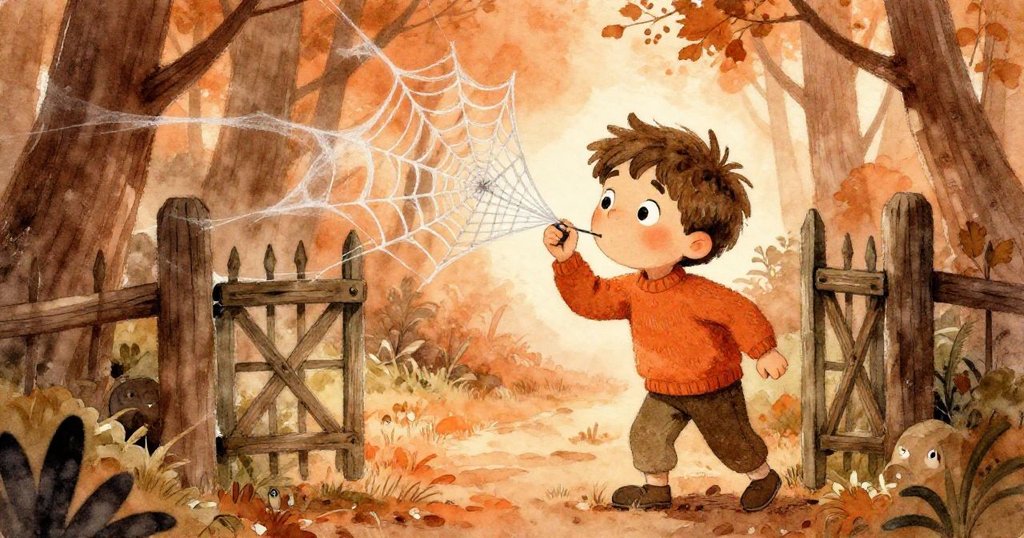 米洛在舊大門前吹散迎風飛舞的蛛網，他堅定動作展現勇氣與活力，溫暖色調襯托出時光流轉。