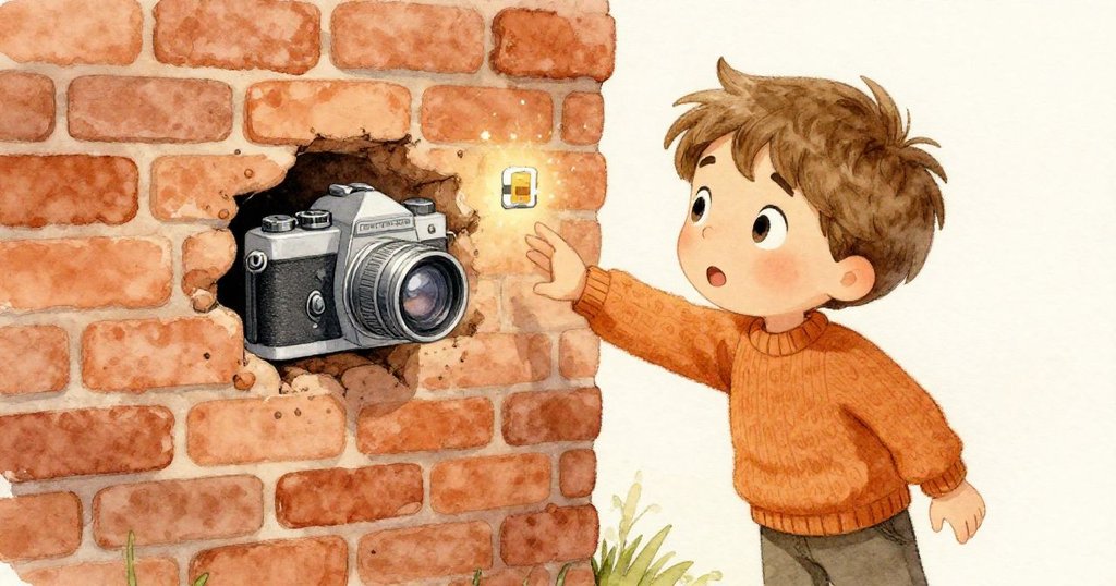 米洛在磚牆小孔邊驚奇觸摸閃爍記憶晶片的舊相機，細膩磚紋和溫暖燈光突顯他的決心與好奇心。