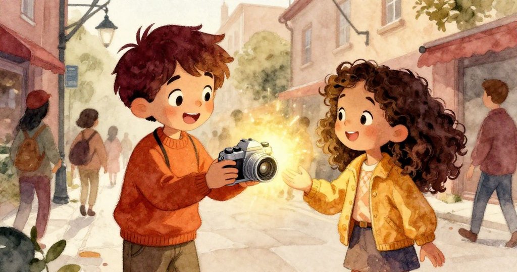 米洛與好友莉拉在繁忙街道上溫馨互動，米洛傳遞著閃光相機，兩人相視而笑，共享記憶與希望。