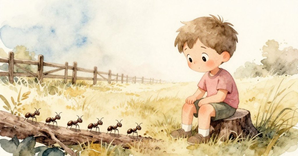 班坐在樹樁上，專注看著螞蟻在根上移動，背景有木柵欄和青草，溫暖陽光灑落，神情平靜。